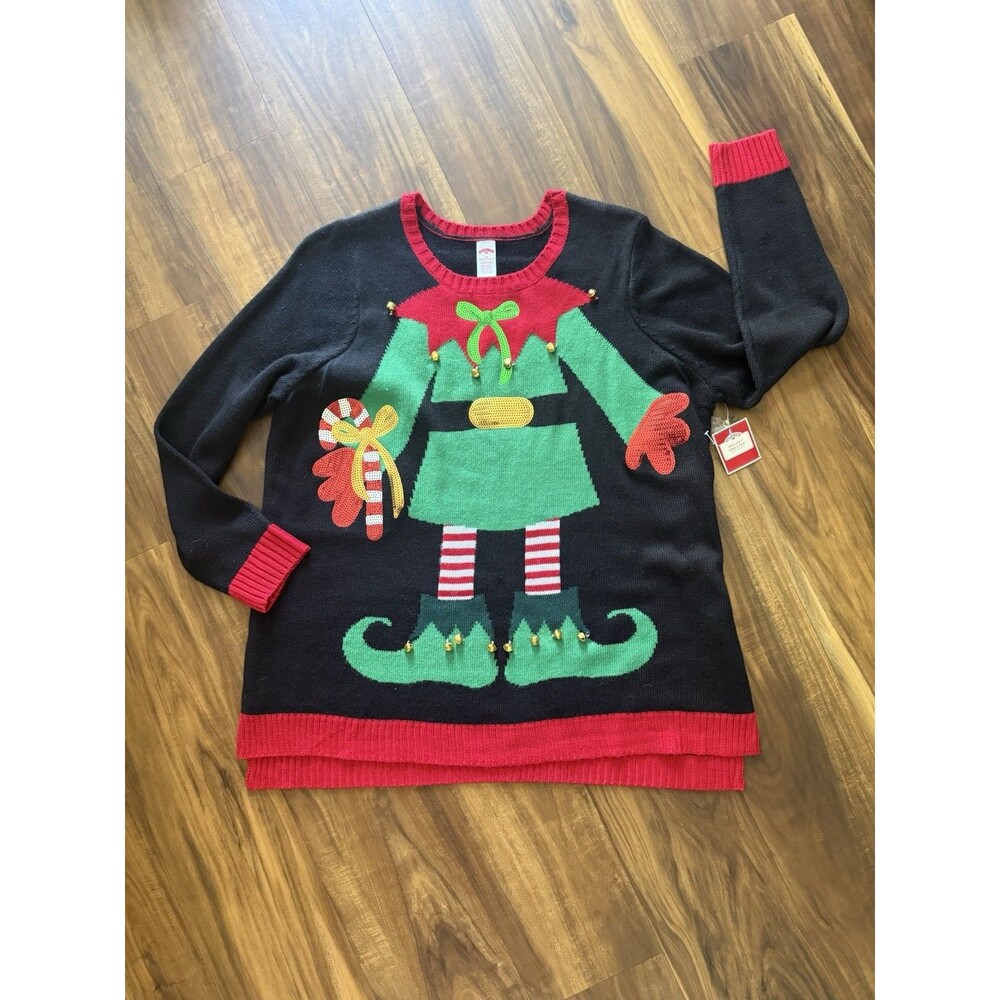 Women’s  Holiday Time Elf  Ugly Black Christmas  Sweater With Bells Size 3X